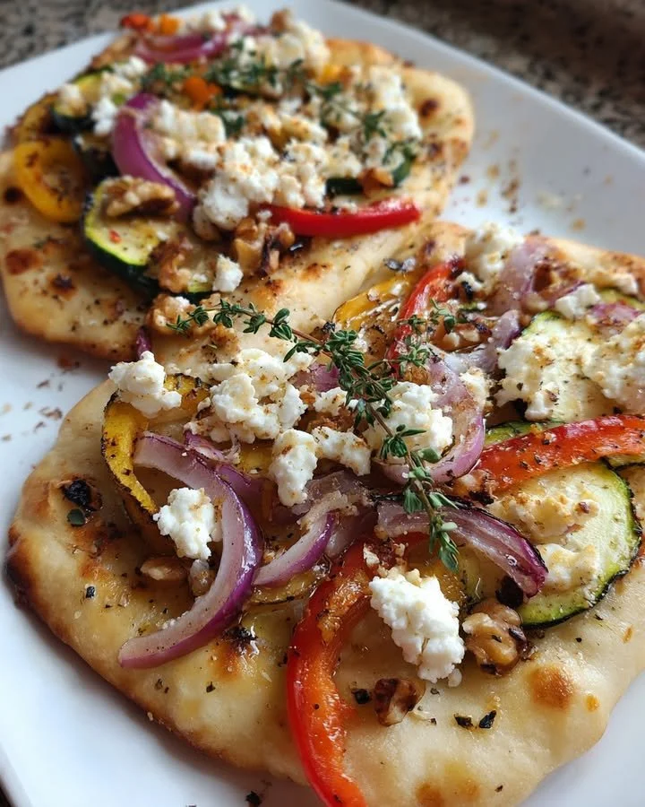 Veggie flatbread with feta cheese, honey drizzle, and walnuts on top