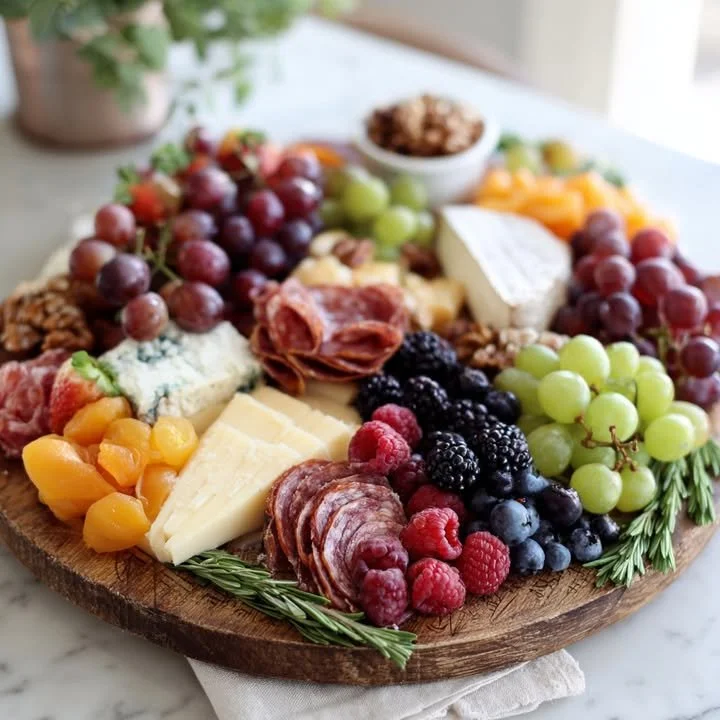 Vibrant grazing board featuring assorted cheeses, fresh berries, grapes, and salami.