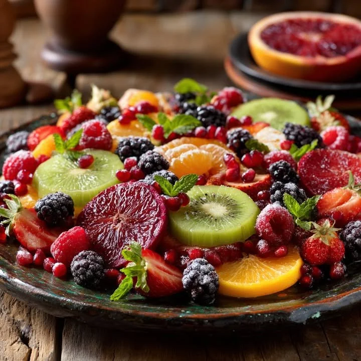 Vibrant holiday fruit platter featuring a variety of fresh, colorful fruits.