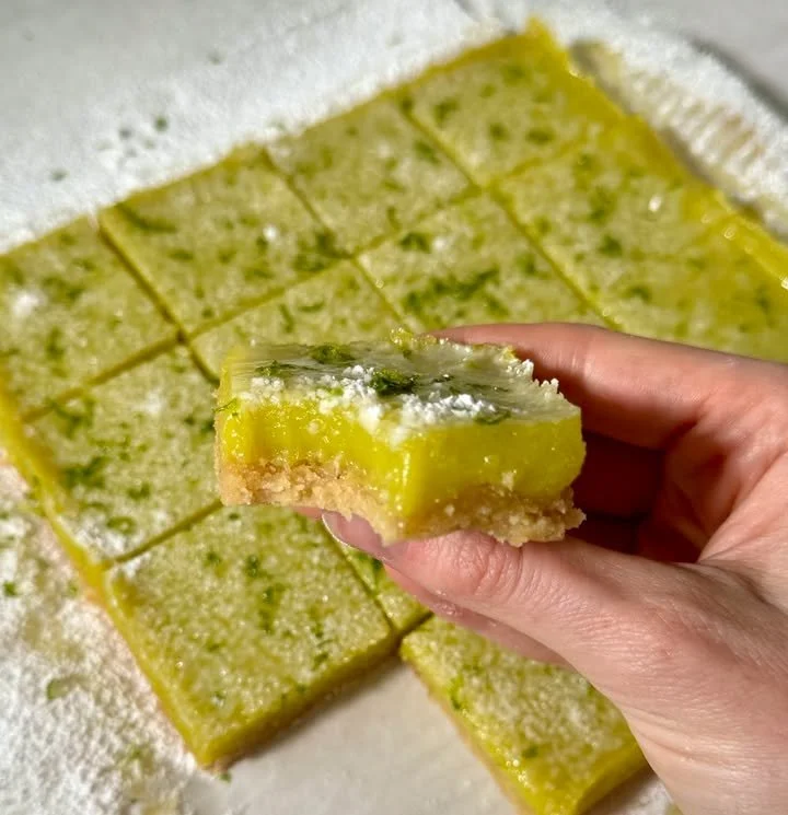 Delicious vibrant lime bars on a white plate with zest and fresh limes.