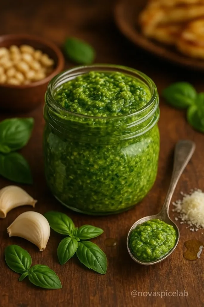 Vibrant green pesto sauce in a bowl with fresh basil leaves.