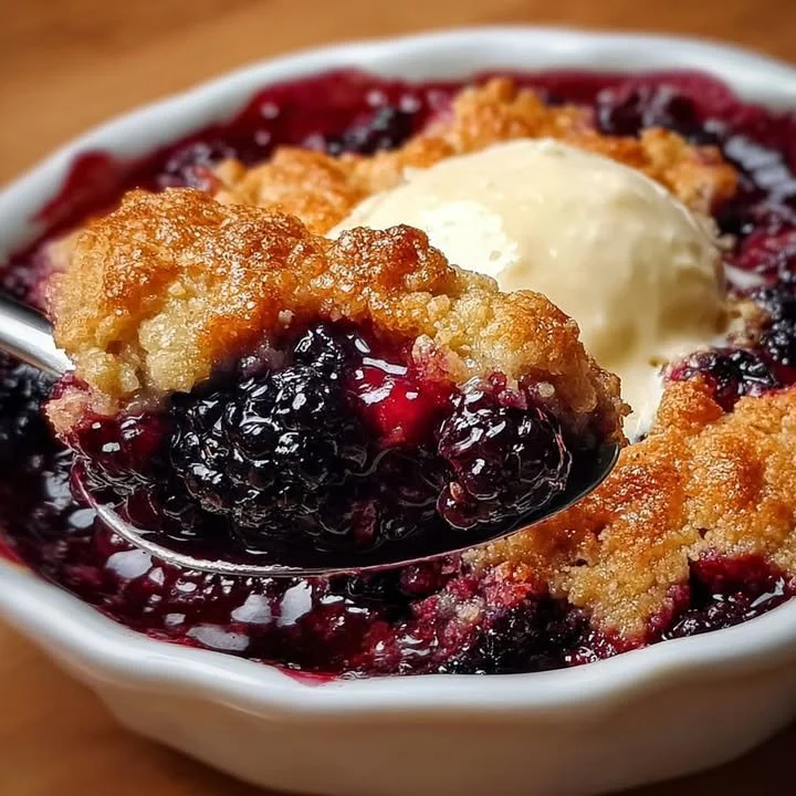 Delicious slice of warm blackberry cobbler served with ice cream.