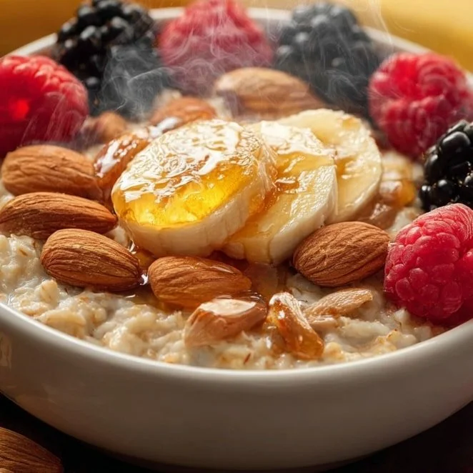 Warm banana nut oatmeal bowl topped with nuts and bananas
