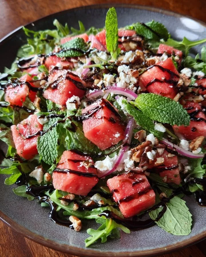 Delicious watermelon feta arugula salad drizzled with balsamic glaze