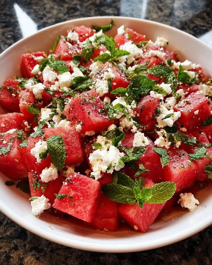 Delicious watermelon salad with feta cheese and fresh mint leaves