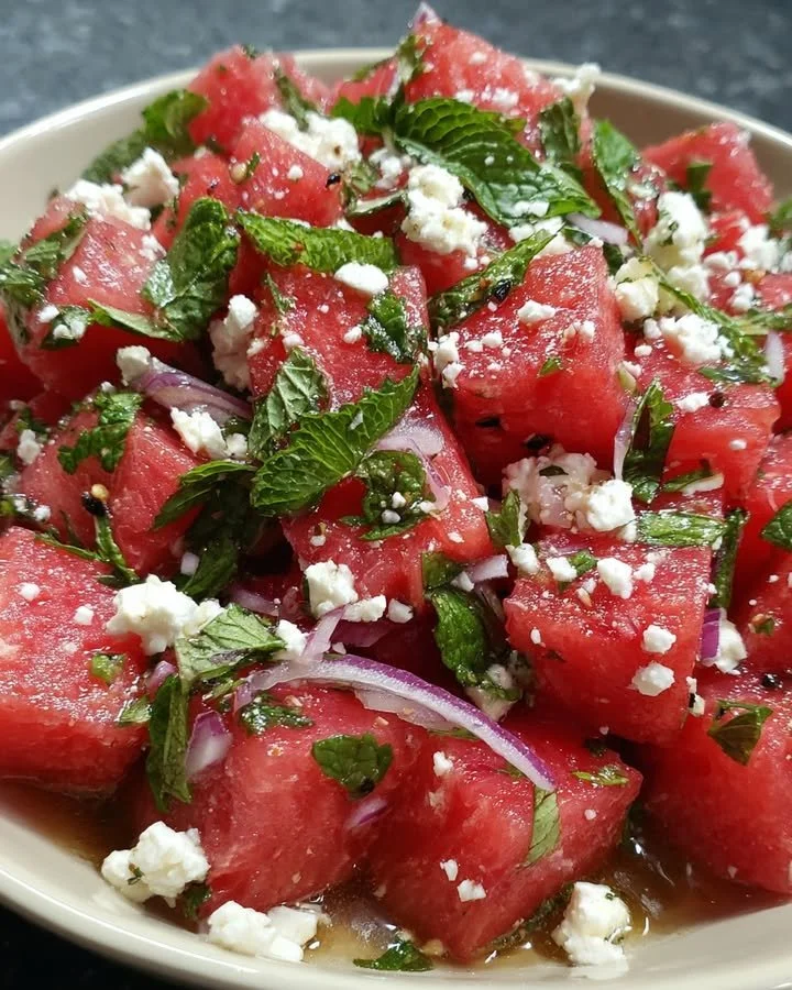 Fresh watermelon feta mint salad with colorful ingredients and herbs