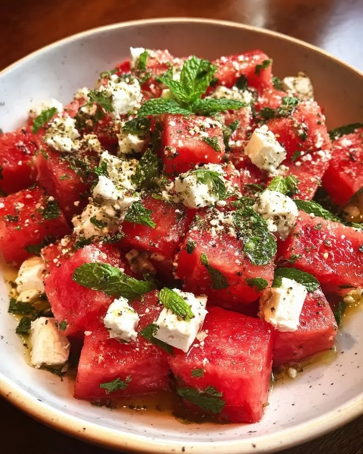 Delicious Watermelon Feta Mint Salad with fresh mint and feta cheese