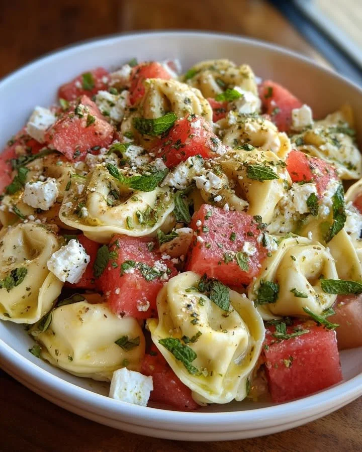Watermelon Salad with feta, tortellini, and mint served in a bowl.