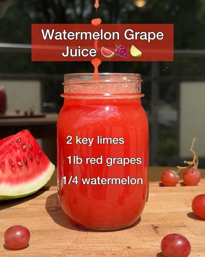 Glass of watermelon grape juice garnished with mint leaves
