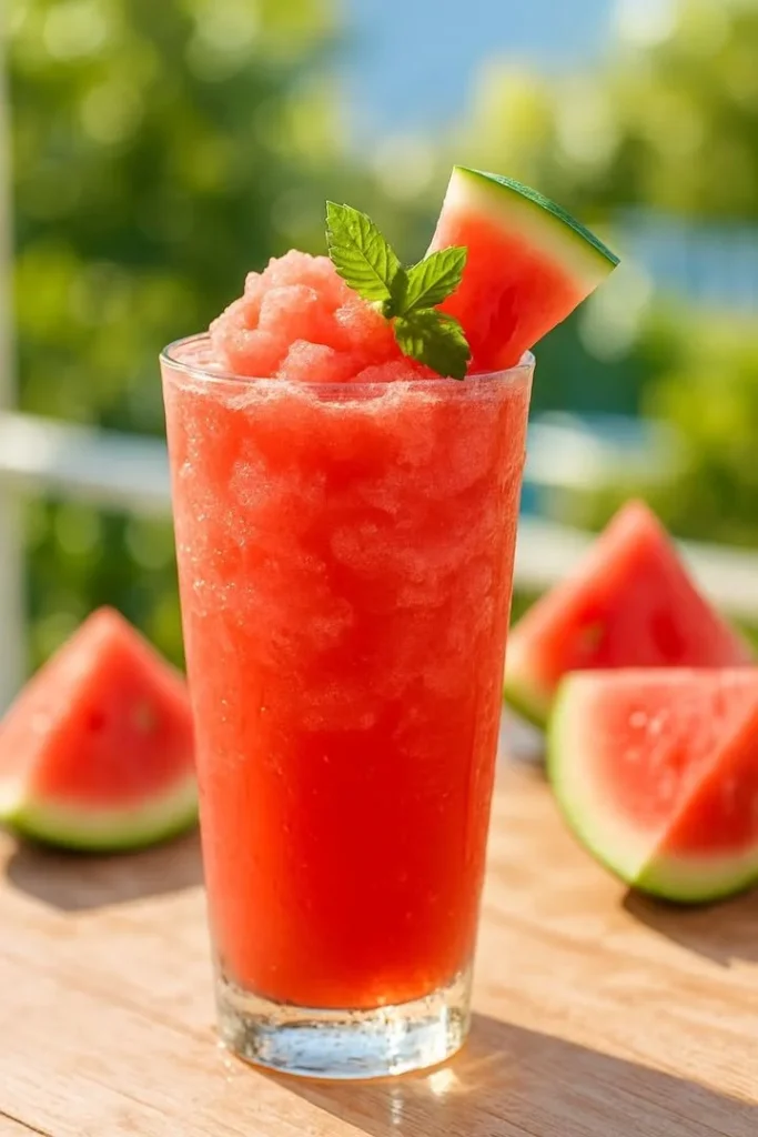 Freshly blended watermelon slushie in a glass with ice