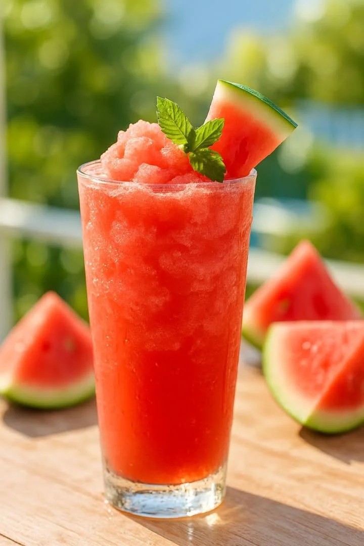 Freshly blended watermelon slushie in a glass with ice