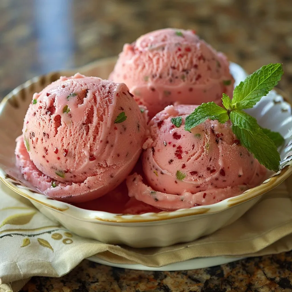 Delicious watermelon sorbet served in a bowl with fresh watermelon slices