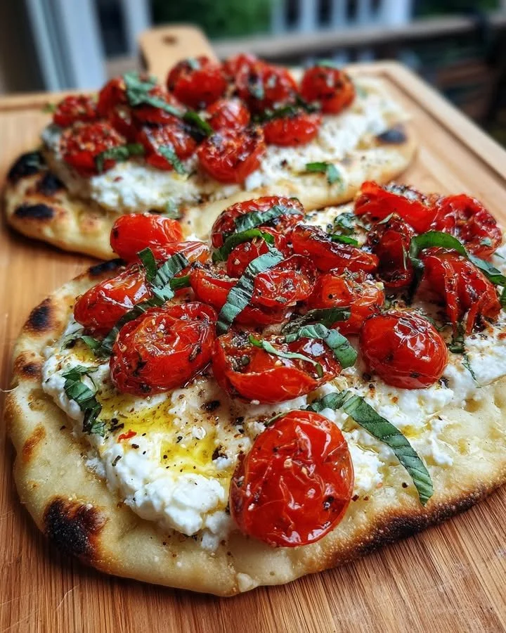 Whipped feta and cherry tomato flatbread garnished with fresh herbs