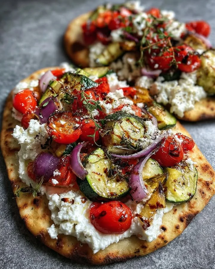Whipped feta flatbread with roasted vegetables garnished with herbs