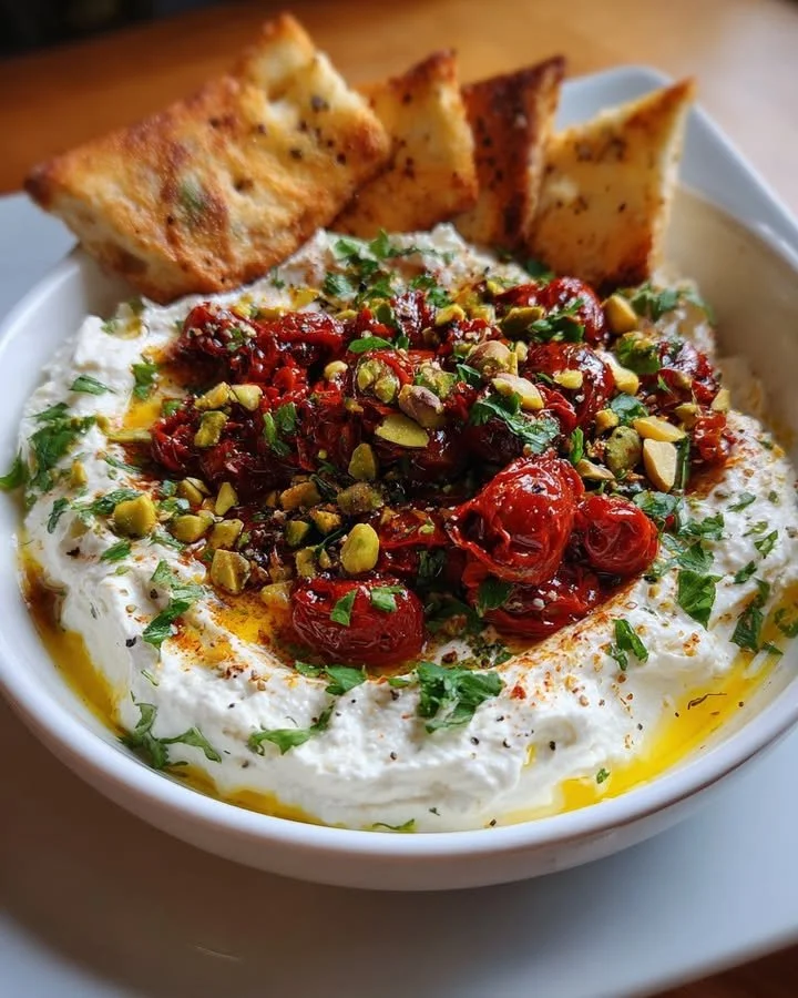 Whipped feta dip topped with pistachios and roasted red peppers