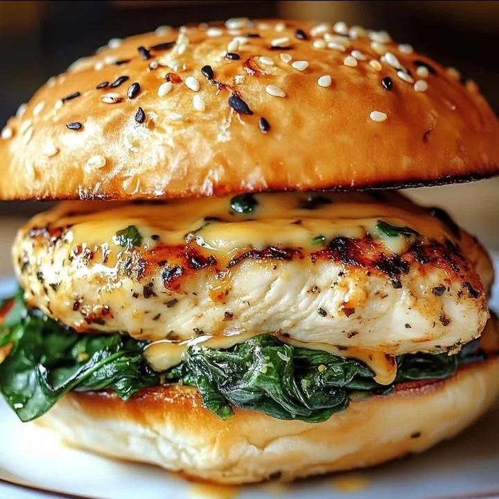 Delicious white cheddar and spinach chicken burgers served on a plate