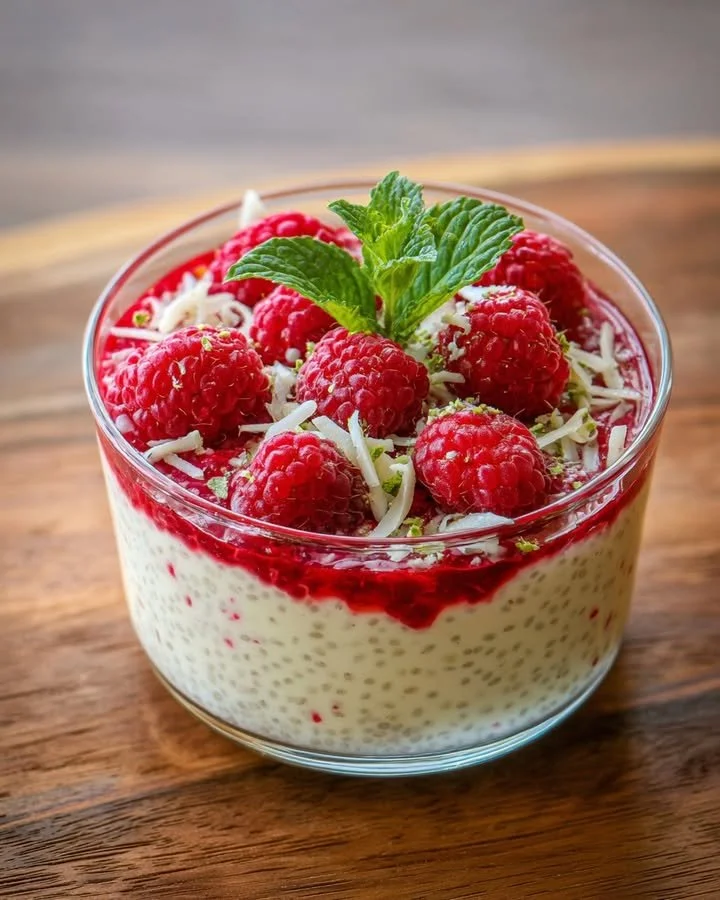 Delicious white chocolate raspberry chia mousse dessert in a bowl