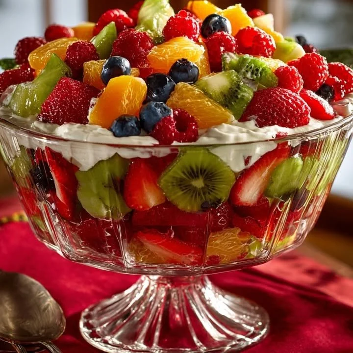 Winter Window Fruit Trifle with layers of fruit, cream, and cake