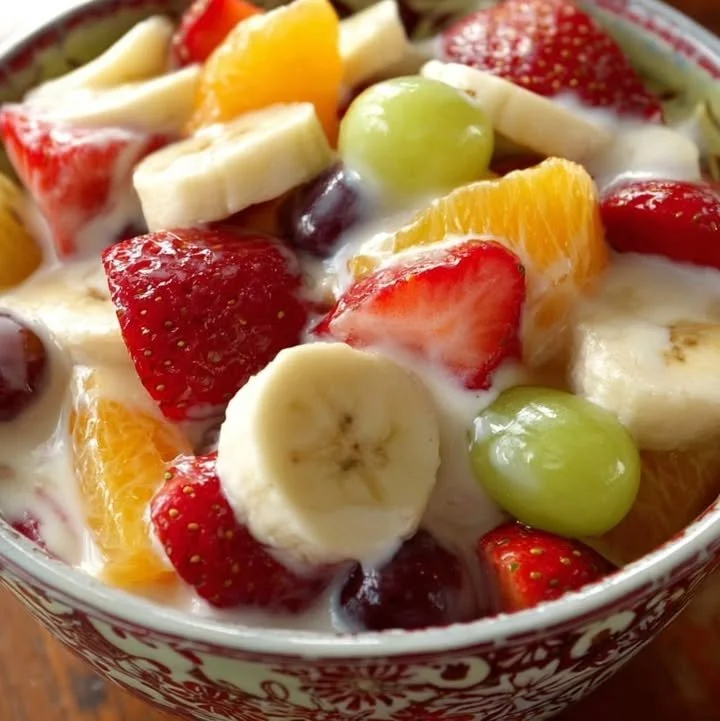 Bowl of yogurt fruit salad topped with fresh berries and sliced bananas