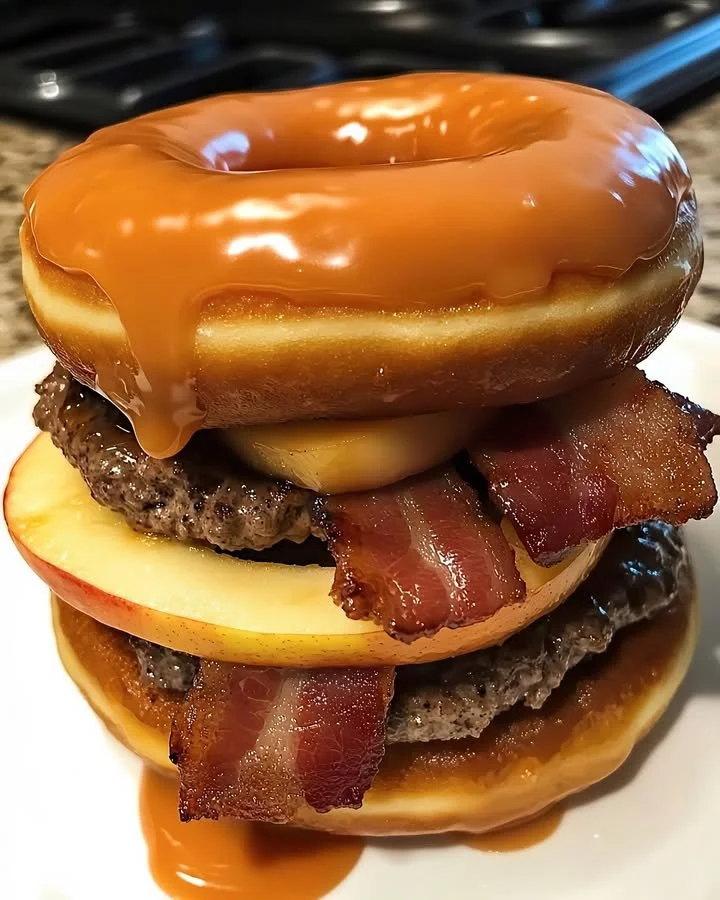 Delicious Caramel Apple Donut Burger topped with caramel drizzle and apple slices