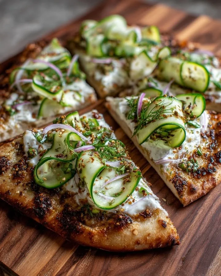 Za’atar Flatbread topped with labneh and cucumber ribbons on a rustic wooden table.