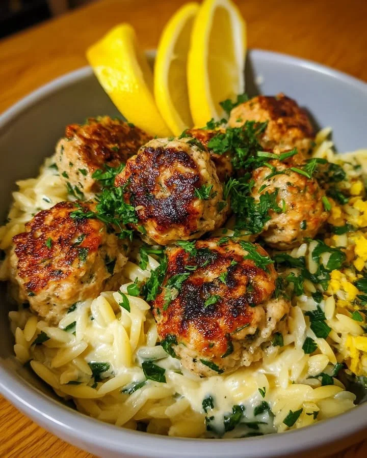 Zesty lemon turkey ricotta meatballs with herb-infused orzo on a plate