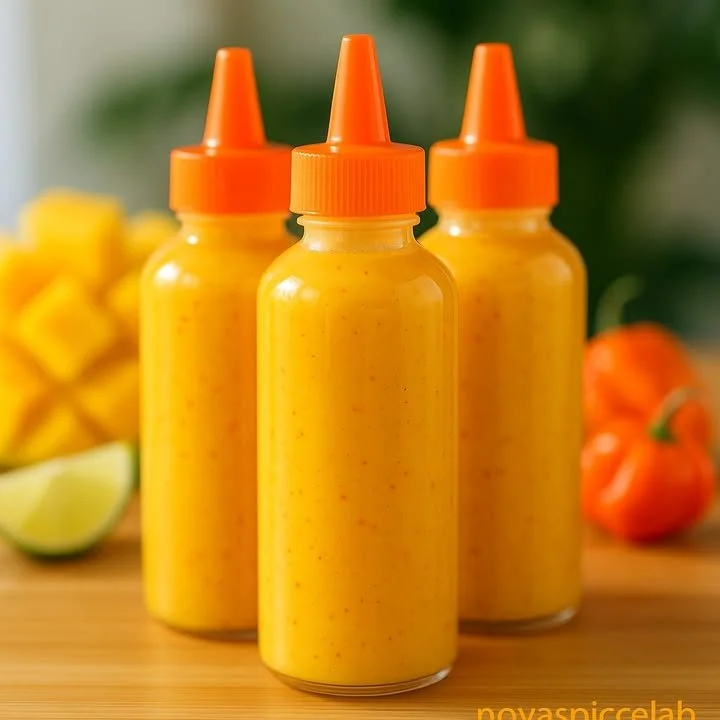 Zesty Mango Scotch Bonnet Sauce in a jar surrounded by fresh ingredients