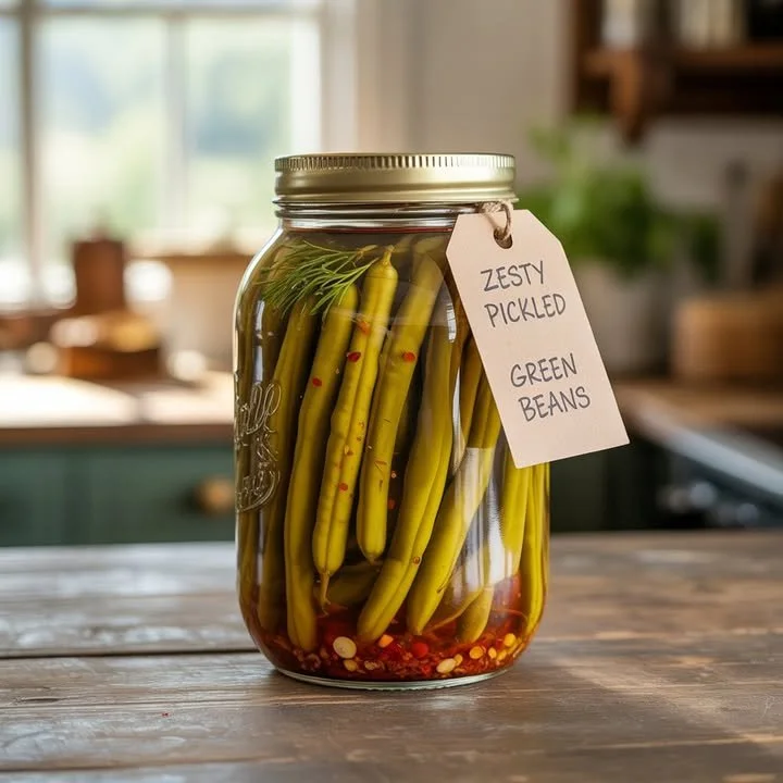 Spicy dilly style pickled green beans in jar