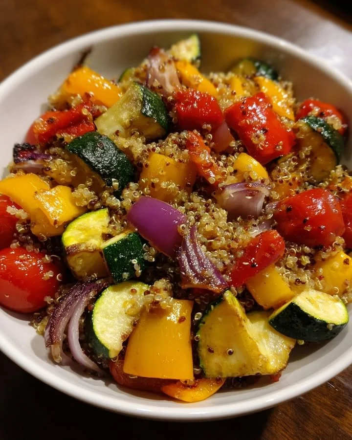 Zesty quinoa salad with roasted veggies in a bowl, colorful and fresh.