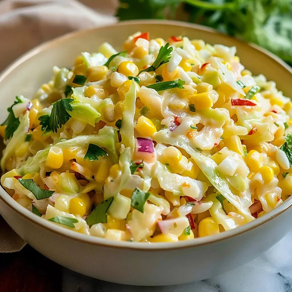Zesty spicy jalapeno corn coleslaw in a bowl, garnished with fresh cilantro.