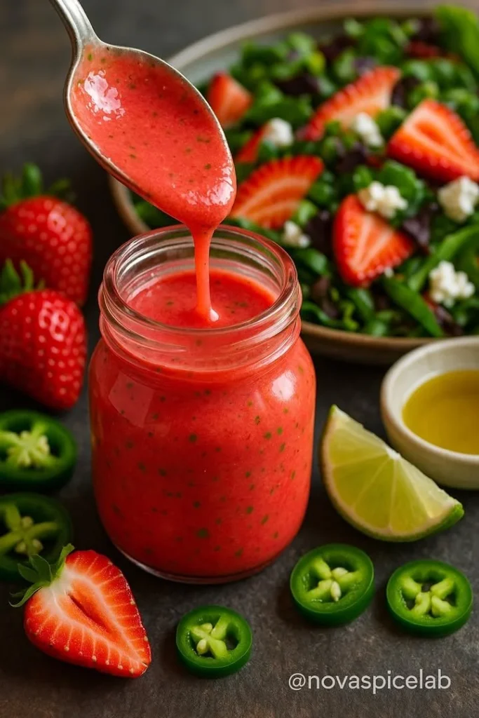 Zesty strawberry-jalapeño salad dressing in a glass jar with fresh ingredients