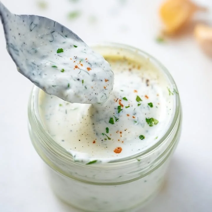 Creamy Garlic Dill Ranch dressing drizzled over fresh vegetables.