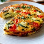 Zucchini and tomato frittata garnished with fresh herbs on a plate