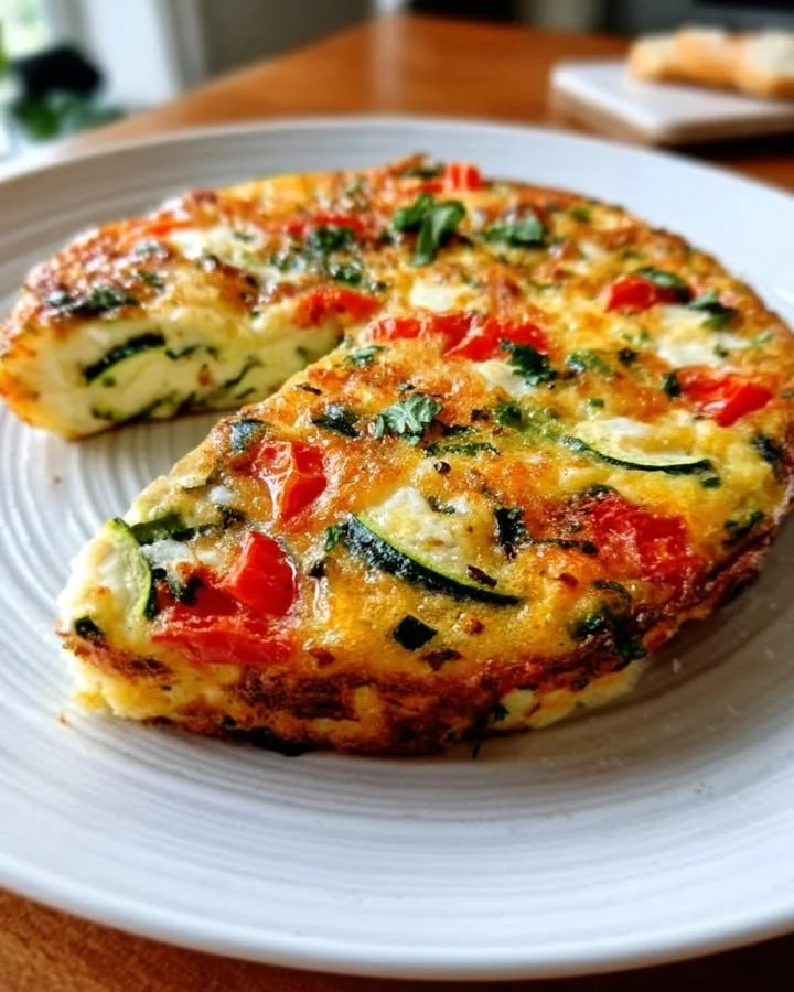 Zucchini and tomato frittata garnished with fresh herbs on a plate