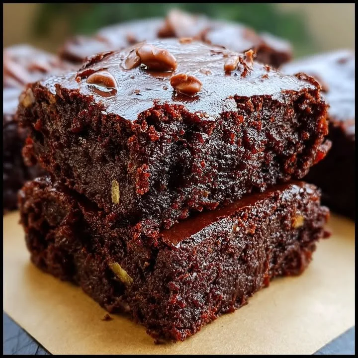 Delicious homemade zucchini brownies topped with chocolate glaze.