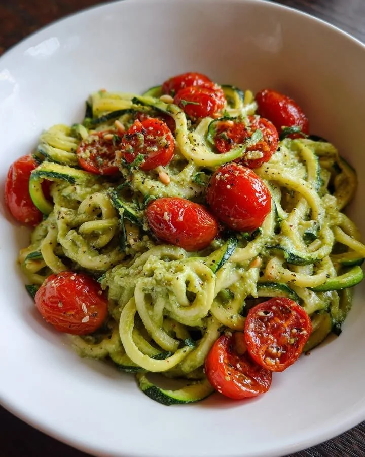 Zucchini noodles served with avocado pesto and cherry tomatoes in a bowl