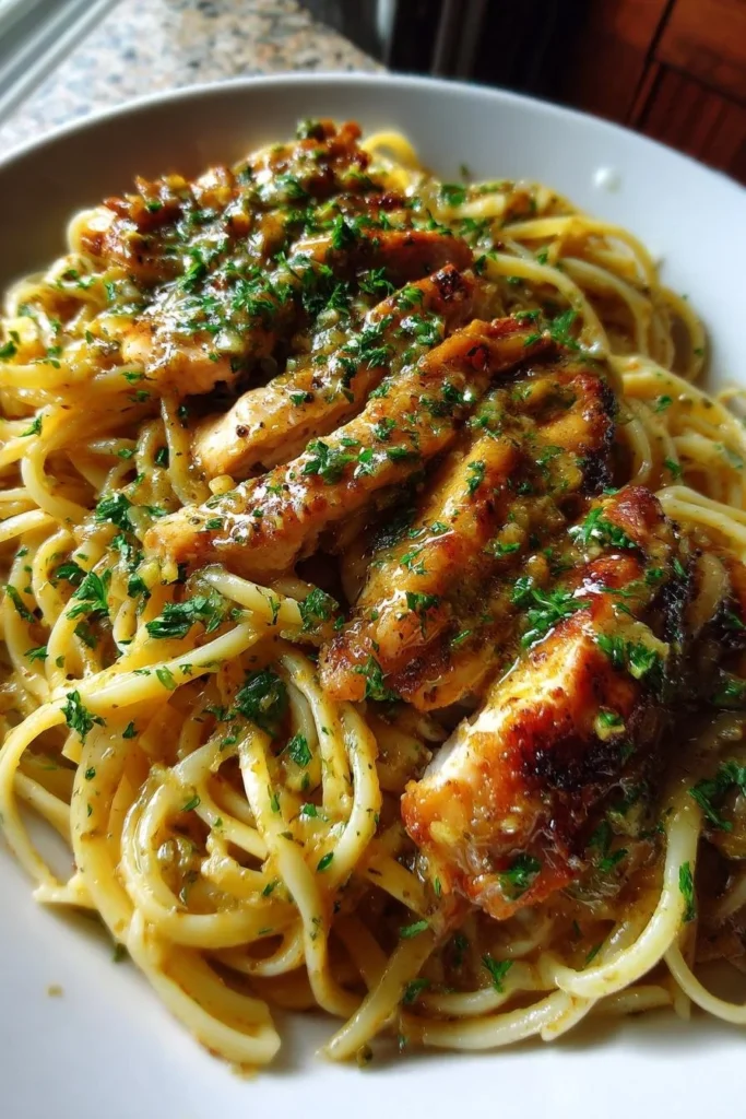 30-Minute Cowboy Butter Chicken Linguine in a bowl, garnished with herbs.