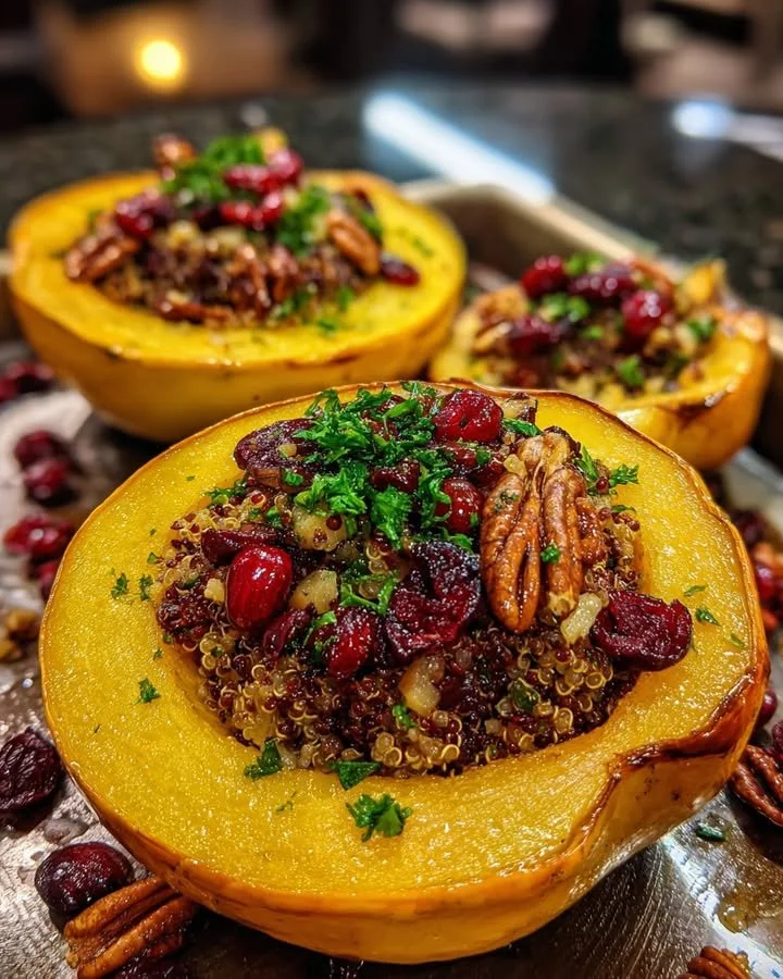 Stuffed acorn squash filled with quinoa, cranberries, and pecans on a rustic table.