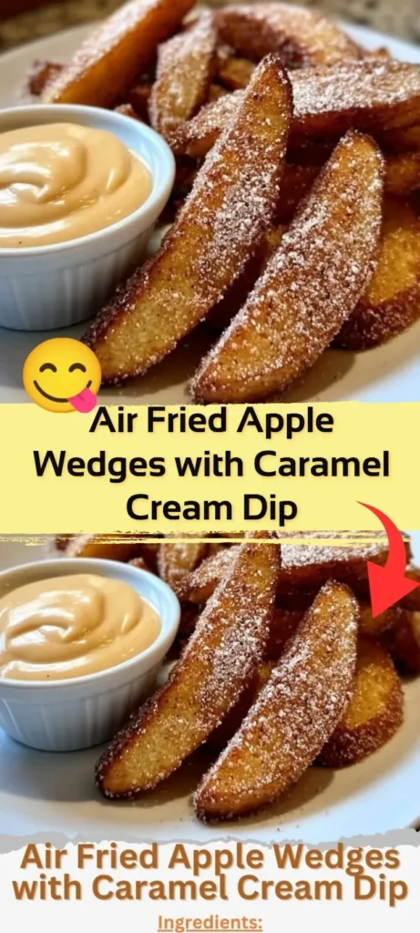 Delicious air fried apple wedges with caramel cream dip served in a bowl