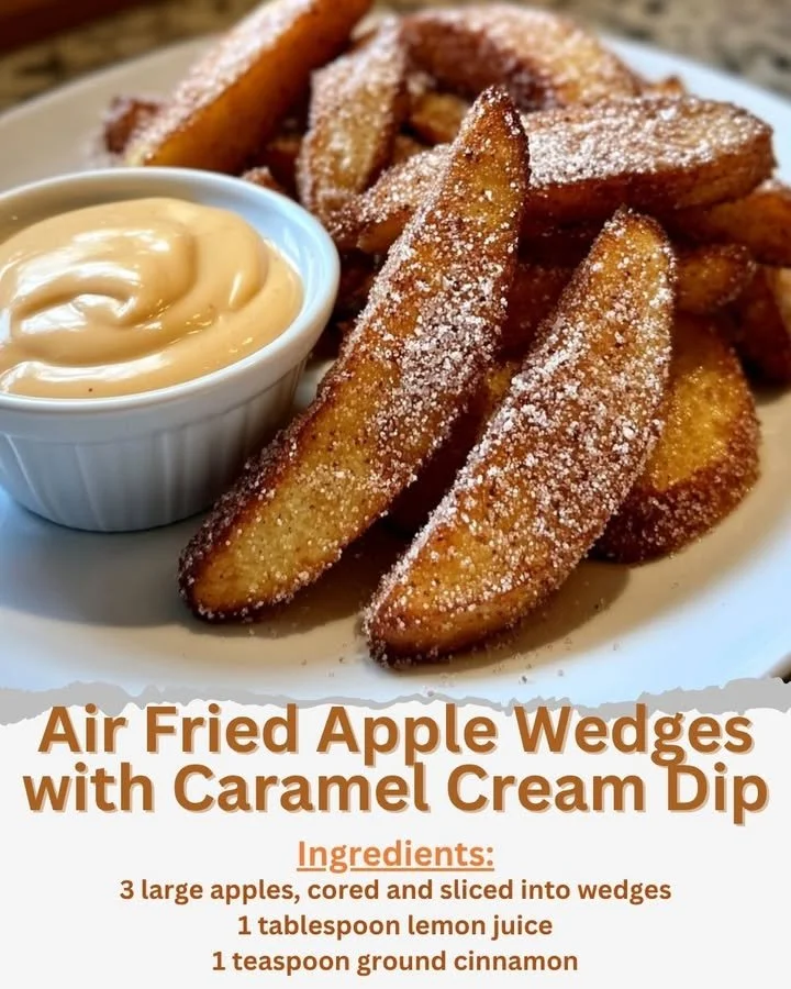 Air fried apple wedges with caramel cream dip for a delicious and healthy snack