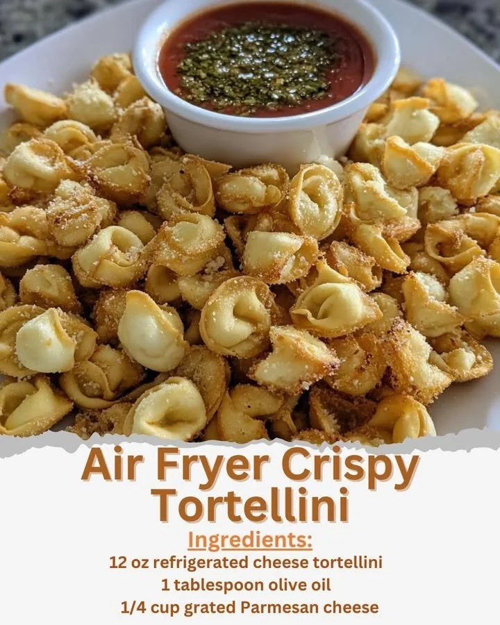 Air fryer crispy tortellini served on a plate with dipping sauce
