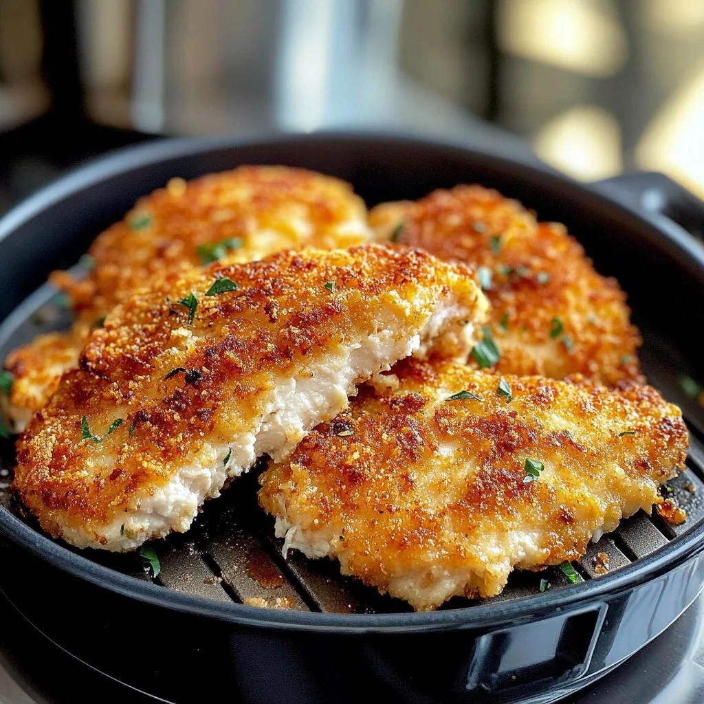 Air Fryer Parmesan Crusted Chicken served on a plate with herbs