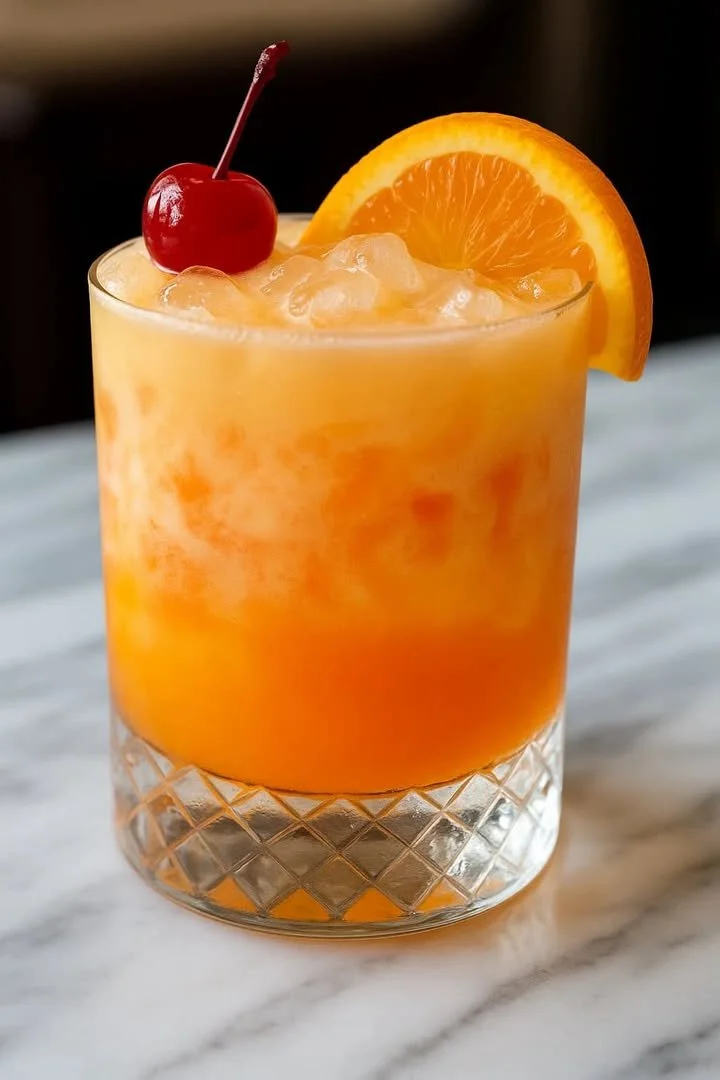Colorful Amaretto Island Punch cocktail served in a glass with tropical fruits