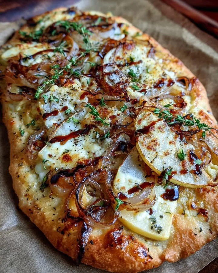 Apple Brie Flatbread with caramelized onions and thyme on a wooden serving board.