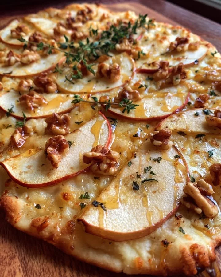 Apple, Cheddar & Walnut Flatbread drizzled with honey for a gourmet snack.