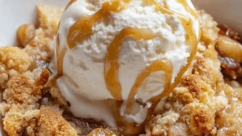 Delicious apple cobbler with crispy topping fresh out of the oven.
