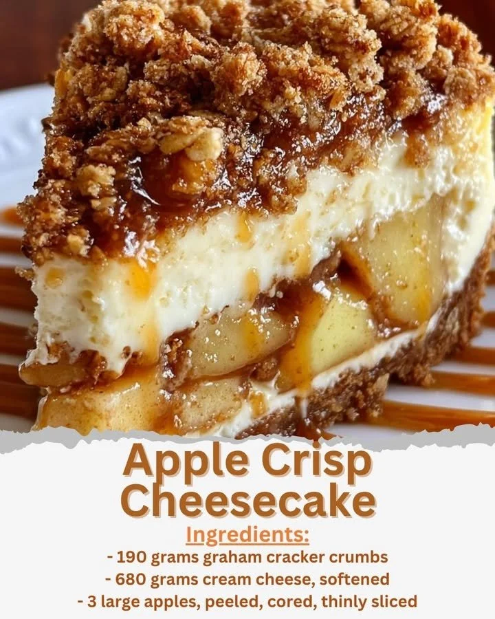 Delicious Apple Crisp Cheesecake with creamy filling and crunchy topping