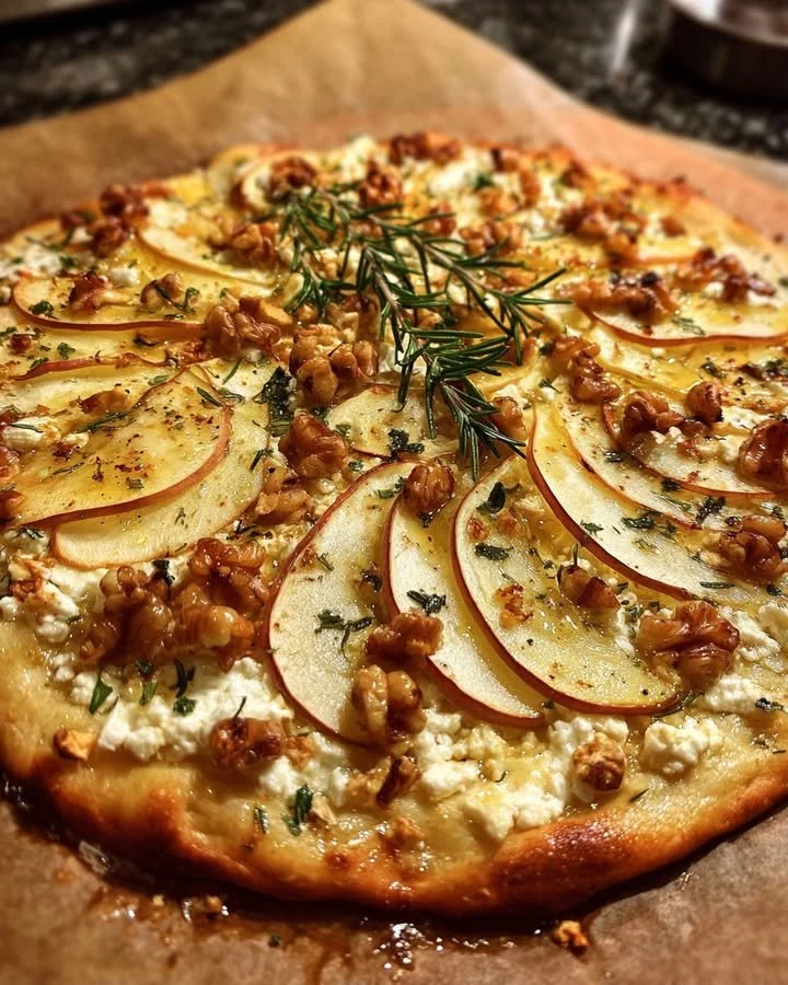 Apple, Feta, and Walnut Flatbread drizzled with fresh rosemary on a wooden board.