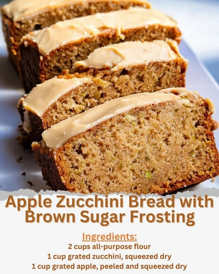 Slice of apple zucchini bread topped with brown sugar frosting