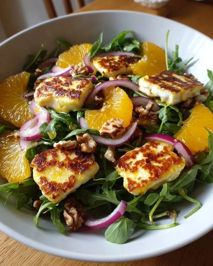 Arugula Halloumi Salad with orange segments and lemon dressing in a bowl